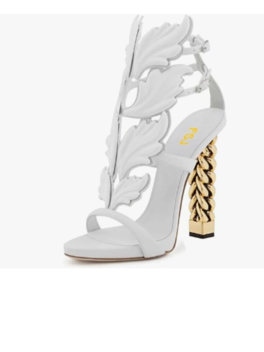 FSJ White Flame Gold Metal Chain Thick High Heel Sandals Open Toe Strappy Shoes